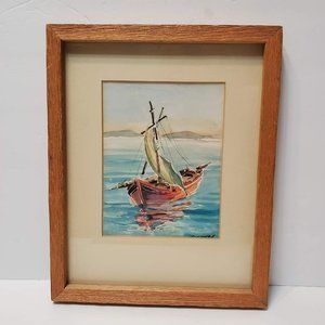 Original Framed Watercolor Painting, Signed, Ship at Sea, Nautical Coastal Boat